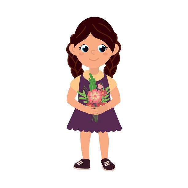卡通女孩手持鲜花花束插画图片下载