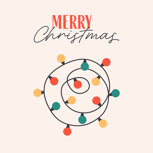 可爱的简约圣诞贺卡，配有花环灯饰。节日多彩的假日装饰。非常适合卡片、邀请函、海报、家居装饰和季节性设计。平面矢量插画图片下载