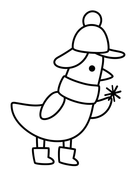 矢量黑白卡通鸟戴着暖帽看着雪花。圣诞动物剪贴画。可爱的儿童新年鹅插画。冬季假期线条图标或着色页图片下载