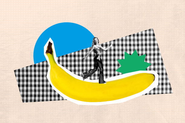 创意设计拼贴潮流艺术作品，复古风格的年轻女士，巨大的香蕉水果，食物营养，饥饿，饮食，烹饪图片下载