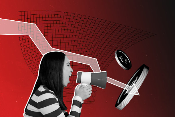 草图图像趋势艺术品 3D 照片拼贴，描绘目标交易员的商业图表统计数据，一位年轻女子拿着扩音器宣布吸引人们对金币和金钱的注意图片下载