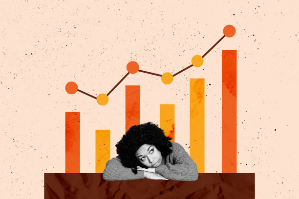 创意海报横幅，3D拼贴照片，一个困惑疲惫的女商人在发展图表和统计数据旁，目标与成就图片下载