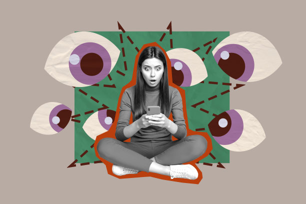 模板草图趋势艺术品 3D 照片拼贴 年轻女子震惊坐下 手持智能手机 黑客之眼 间谍 遥控器 手表 安全图片下载