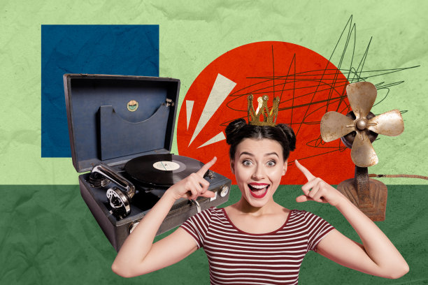 年轻女子微笑、皇冠、黑胶唱片、粉丝、空中敬酒、放松、度假、庆祝、饮品的草图模板设计照片拼贴合成图片下载