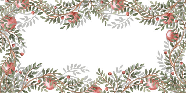 由弯曲的绿枝、多汁的苹果和浆果组成的矩形框架。隔离的水彩插画，适用于包装设计、室内装饰以及海报、织物和明信片印刷。图片下载