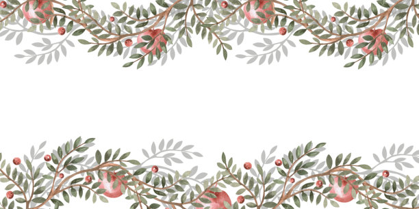 绿色树枝、多汁苹果和浆果组成的矩形框架。用于包装设计、室内装饰、海报印刷、织物和明信片的隔离水彩插画。图片下载