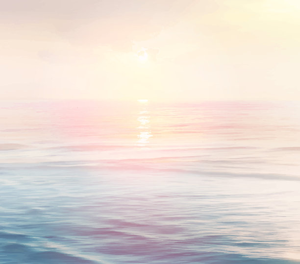 风景画：粉色与黄色的海边日出景观矢量设计框架。宁静的海滨横幅全景卡片。图片下载