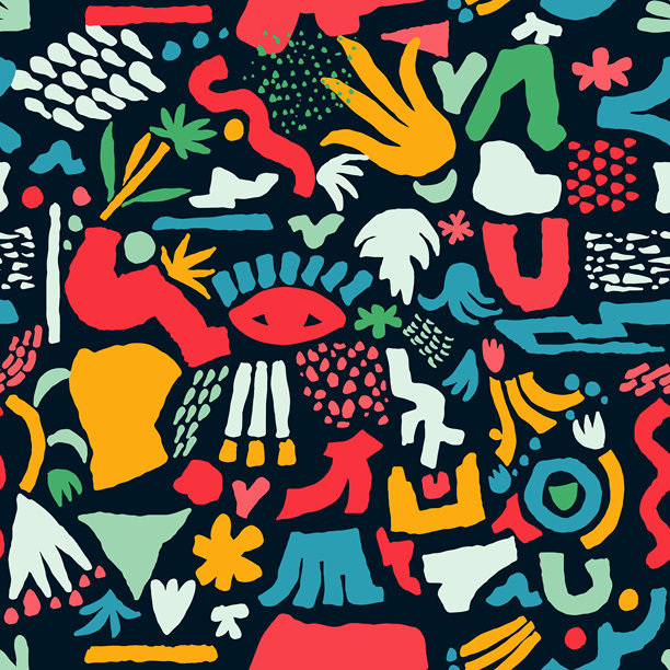 彩色抽象撕纸无缝图案，具有拼贴形状、污垢和线条的创意形状，用作横幅、传单卡片和海报的图形纹理。无缝图案元素，矢量插画图片下载