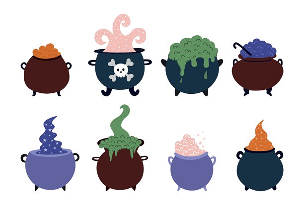 手绘可爱万圣节大锅组合，配有冒泡药水和诡异舒适的氛围。非常适合贴纸、印刷品、派对邀请函和季节性插画。图片下载