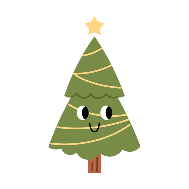 矢量插画，一个可爱的圣诞树，树顶有一颗星星，黄色的花环，还有眼睛和微笑。有趣的节日角色，适用于节日贺卡、儿童装饰、冬季庆祝活动、贴纸和设计。图片下载