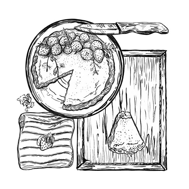 黑白手绘插画，描绘了厨房用品：木托盘、杯子、勺子、餐巾、草莓和一角派。非常适合用于美食设计、菜单装饰、涂色页和咖啡馆艺术作品。图片下载