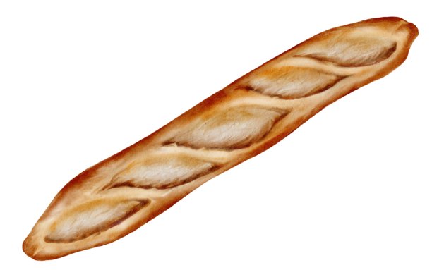 法棍面包水彩插画。手绘的长棍面包在白色背景上。烘焙食品的剪贴画。非常适合面包店的横幅和标签。图片下载