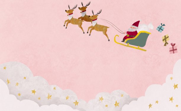 粉色背景的少女圣诞插画，描绘了圣诞老人乘坐雪橇的场景图片下载