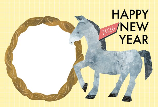 一款以马插画和相框为特色的休闲新年贺卡模板。2026马年新年明信片设计。图片下载