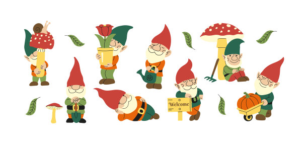 一套手绘的园林小矮人图标、剪贴画、头像、商标孤立插画集图片下载