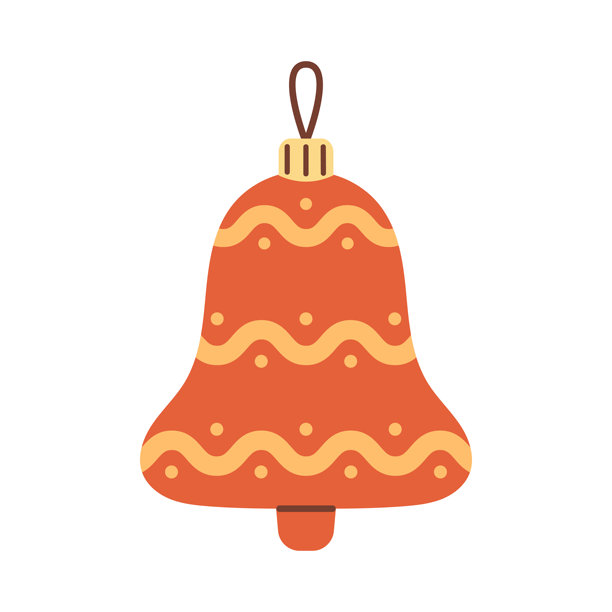 矢量插画，复古红色圣诞铃铛装饰品，饰有黄色波浪线和圆点。经典的节日装饰，适用于圣诞树、冬季贺卡、节日邀请函和季节性设计。图片下载