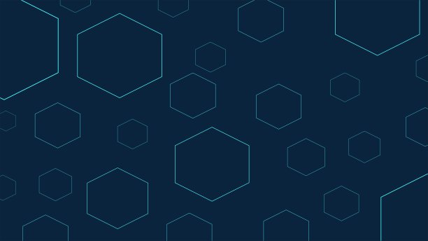 深邃的藏青色背景上散布着大小和位置随机的六边形轮廓，这是一个抽象的、非无缝的矢量背景。轮廓以鲜艳的细氰线渲染，使构图呈现出漂浮的三维效果。图片下载