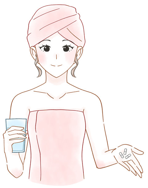 一位女性服用补充剂的水彩风格插画。图片下载