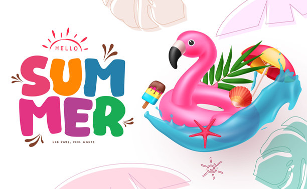 你好，夏日问候矢量背景设计，包含海螺、雨伞、海星、冰棒、棕榈叶和水花海滩元素装饰，背景为多彩抽象。矢量插画。图片下载