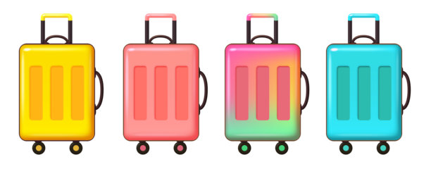 旅行行李箱剪贴画集。多彩的行李箱，如黄色、蓝色、粉色和渐变元素的剪贴画合集，用于假日旅行冒险的矢量插画。图片下载