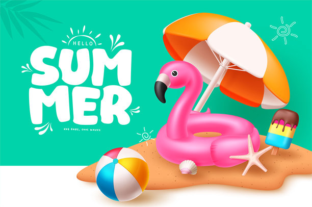 你好夏天，包含火烈鸟、雨伞、沙滩球、海螺、冰棒和海星等夏日元素的文字，背景为海岛的夏日度假。矢量插画图片下载
