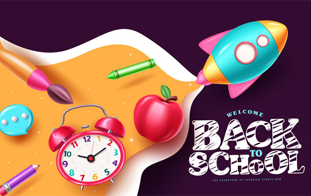 开学季剪贴画横幅设计。欢迎返校问候语，搭配剪纸风格的彩色教育元素，矢量插画。图片下载