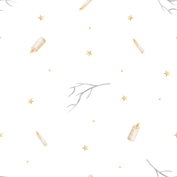 万圣节图案，燃烧的蜡烛、树枝、星星和圆点。儿童风格的手绘水彩插画。与背景分离的无缝印花，适用于纺织品、服装、壁纸和包装。图片下载