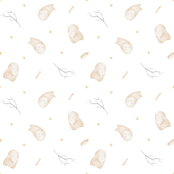 万圣节图案：鬼魂在蜡烛、树枝和星星间飞舞。儿童风格的手绘水彩插画。无缝印花，与背景分离，适用于纺织品、布料、服装、壁纸。图片下载