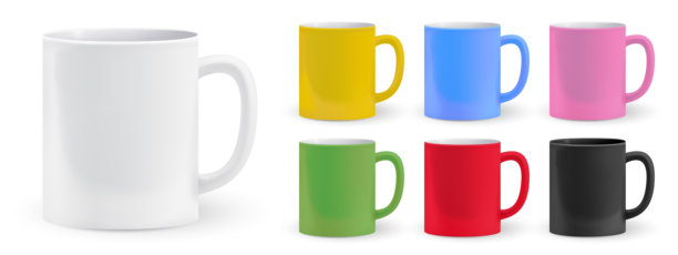 逼真的彩色饮料杯，品牌标识。陶艺陶瓷马克杯模型集。空餐具模板。矢量3D独立插画图片下载