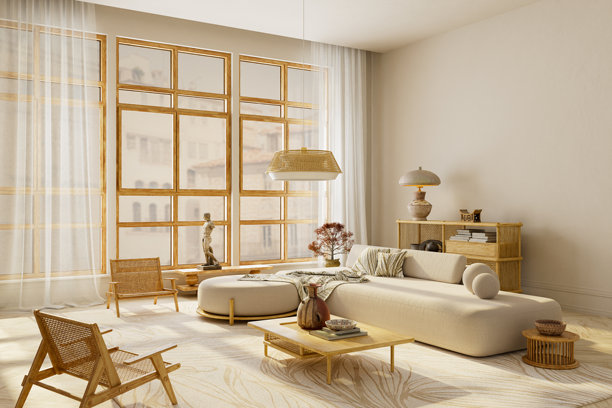 广角镜头下的简约客厅内部，配有大窗户、舒适的沙发以及用于放置文字的留白空间，现代日式家居美学。三维插画图片下载