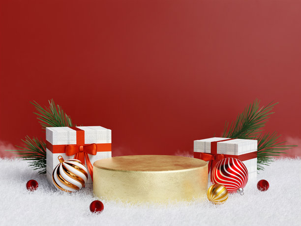 圣诞节庆祝装饰，以礼物和装饰品为特色。3D渲染插画图片下载