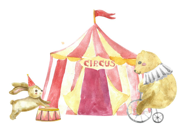可爱的水彩马戏团动物和帐篷。兔子戴着帽子、熊骑着自行车、带有马戏团标志的帐篷插画。图片下载