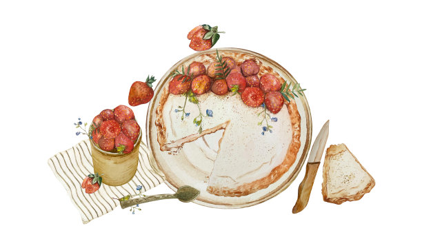 手绘水彩风格的草莓派插画，配有新鲜的草莓、装饰过的盘子和勺子，放在条纹桌布上。非常适合用于食物主题的印刷品、包装、食谱卡和厨房装饰。图片下载