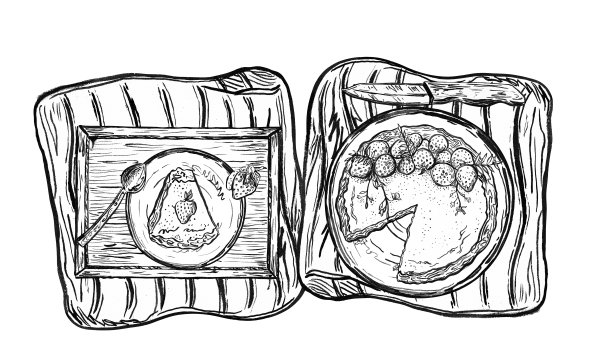 黑白手绘插画，包含木质托盘、杯子、勺子、餐巾、草莓和一小块派。非常适合用于食品设计、菜单装饰、涂色页和咖啡馆艺术作品。图片下载