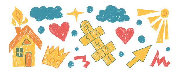 儿童蜡笔画元素集合。房子、跳房子、太阳和抽象涂鸦形状在白色背景上。幼儿园幼稚人物。蜡笔粉笔绘制的矢量儿童涂鸦图形艺术插画。图片下载