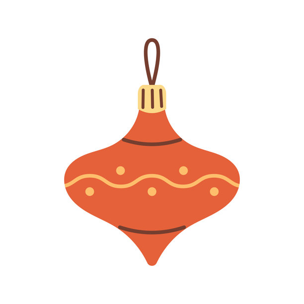 矢量插画，描绘了一个带有黄色波浪线和圆点的复古橙色圣诞装饰球。这款经典的节日挂饰适用于圣诞树装饰、冬季贺卡、节日邀请函和季节性设计。图片下载