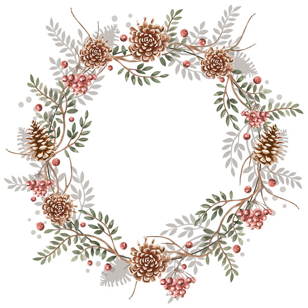 带有树枝、松果和罗文浆果簇的圣诞花环。孤立的水彩插画，适用于圣诞包装设计、室内装饰、海报印刷、面料和明信片。图片下载
