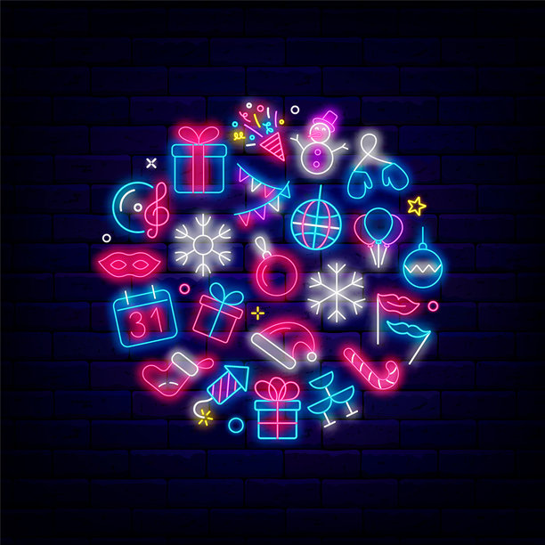 新年霓虹圆圈海报。圣诞派对。带有季节性图标的布局。雪人、礼物和气球。矢量插画图片下载