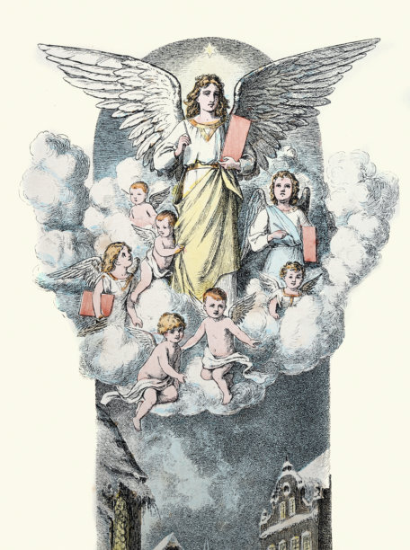 神圣的老师，天使，维多利亚时代，19世纪，1890年代复古插画，一群小天使环绕着她漂浮在云端图片下载