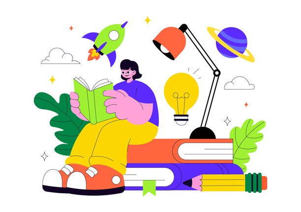 书籍周活动矢量插画，以扁平风格卡通背景描绘人们阅读和学生学习课本以提高读写能力图片下载