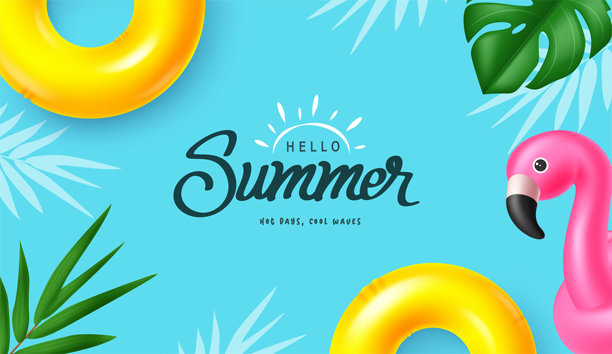 你好夏天文字矢量模板设计。你好夏天问候文字，带有漂浮物、火烈鸟和热带树叶装饰元素，背景为蓝色。矢量插画你好夏天背景。图片下载
