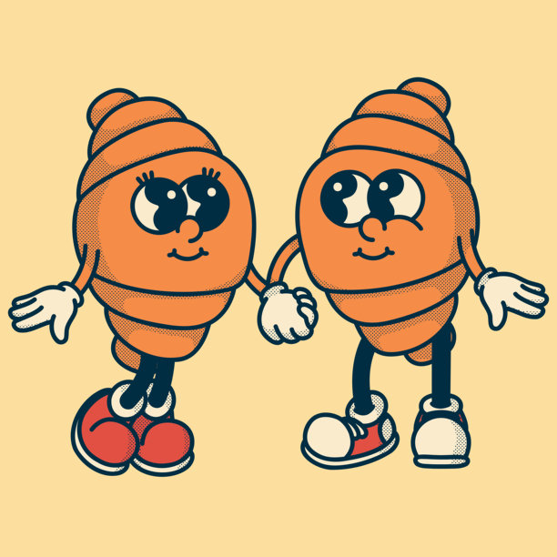 色彩丰富的羊角面包吉祥物复古矢量设计，用于烘焙品牌，带有手套、靴子和玩趣插画图片下载