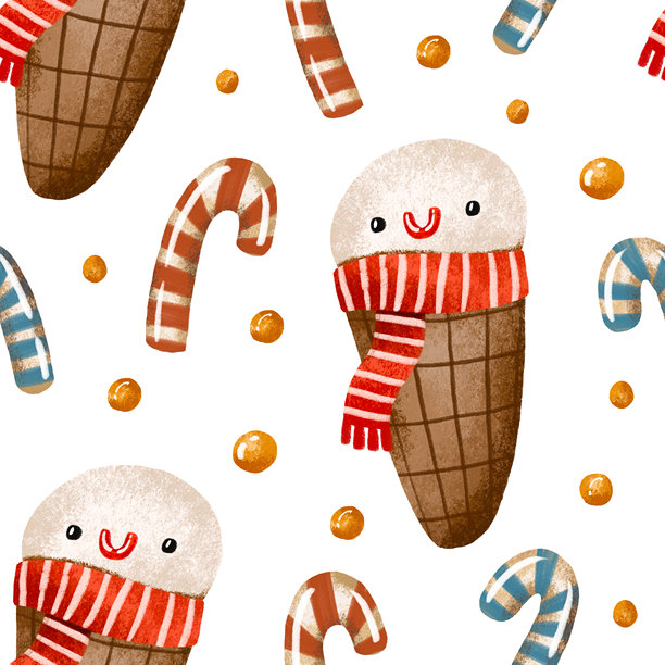 圣诞糖棒、雪人、冰淇淋无缝图案。手绘水彩插画，孤立背景。图片下载