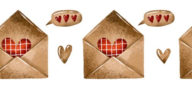 爱情边框无缝图案。复古旧信封，内有情书。手绘爱情插画，孤立背景。情人节图片下载