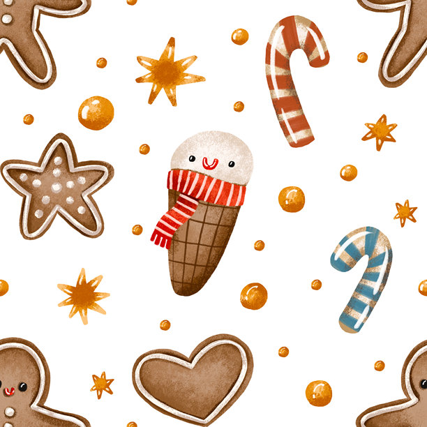 圣诞姜饼、雪人、冰淇淋无缝图案。手绘水彩插画，孤立在背景上。图片下载