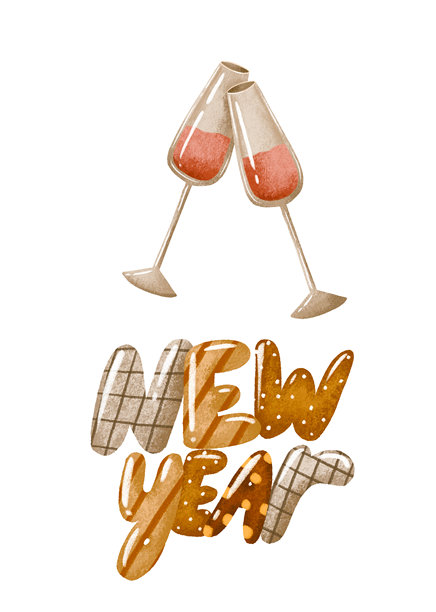 新年快乐，圣诞快乐贺卡，配有酒杯。2026年冬季节日。手绘水彩插画，孤立背景。图片下载