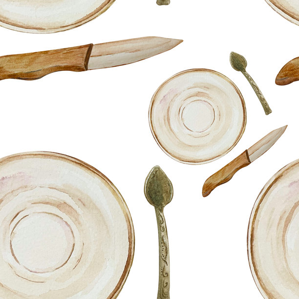 手绘水彩风格的草莓派插画，配有新鲜浆果、装饰盘和勺子，摆放在条纹桌布上。非常适合用于美食主题印刷品、包装、食谱卡和厨房装饰。图片下载