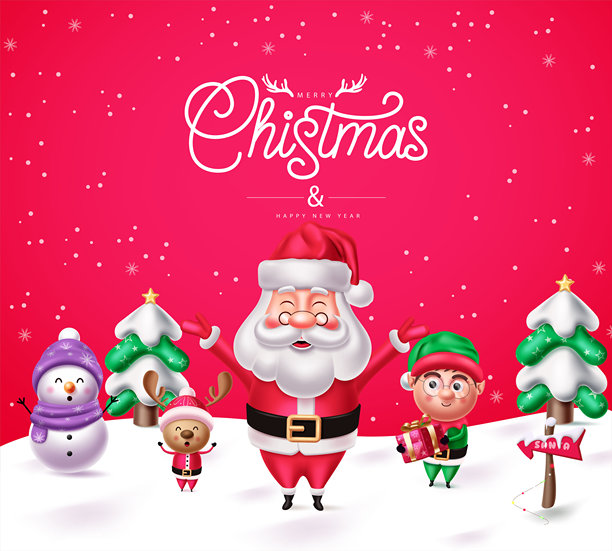 圣诞老人、精灵、驯鹿和雪人，庆祝圣诞快乐和新年快乐插画图片下载