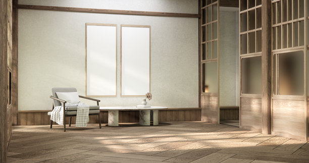 侘寂风格客厅，配有扶手椅、沙发和桌子装饰。三维插画渲染图片下载