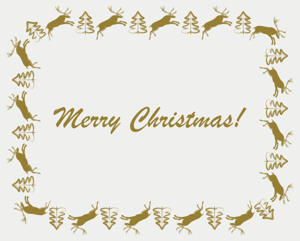 圣诞贺卡，画框内有金色奔跑的鹿和杉树剪影，带有文字，矢量插画图片下载